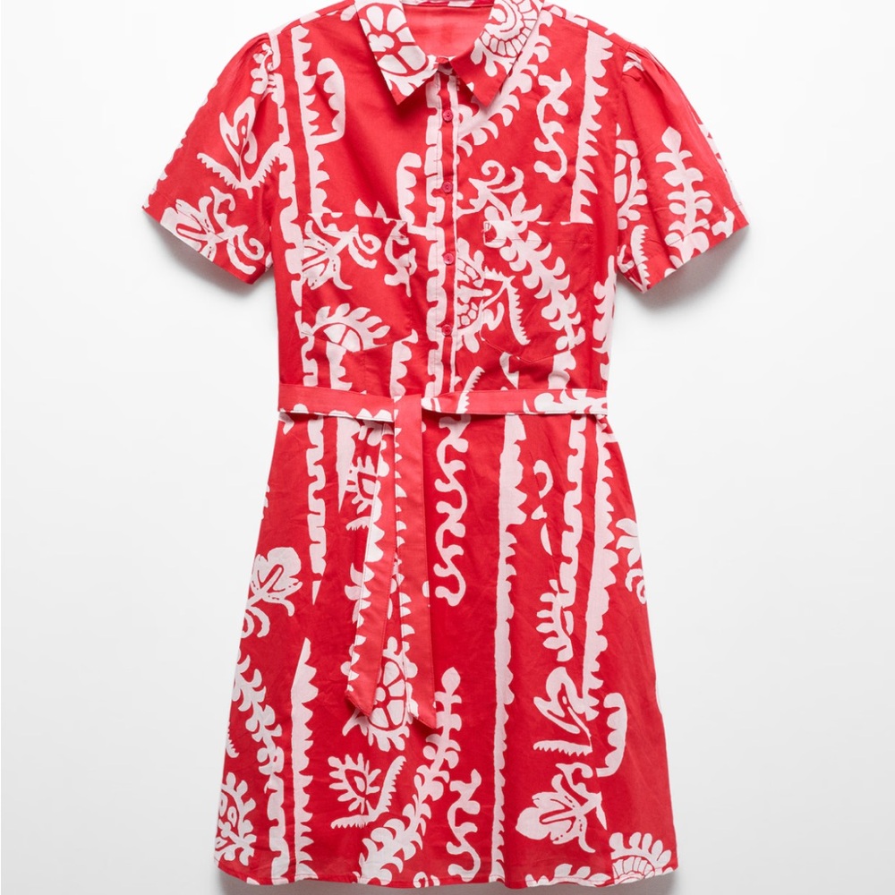 Mango Red & White Print Patterned Mini Dress in 100% Cotton with Pockets - Picture 8 of 14